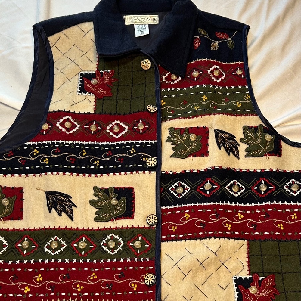 Women’s Vintage Chrysantheme Patchwork Fall Leaves Embroidered Vest Size L